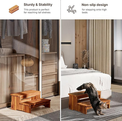 TINAMO 25" Long Step Stool for Adult & Kid - Acacia Wood Two Step Stool 500 Lb - Wooden Riser 2-Step Spa & Hot Tub Stairs for Pool - Heavy Duty 2 Step Stools for Bed, Kitchen,Outdoor (Patent Pending)