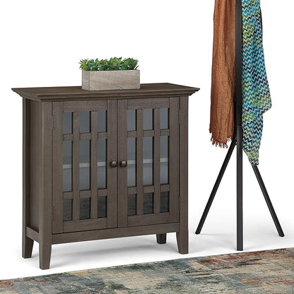 SIMPLIHOME Bedford Storage Cabinet - 32 inch Wide Solid Wood Low Media Cabinet in Farmhouse Grey, Transitional Console for Living Room, Entryway, or Dining Room with Glass Doors and Adjustable Shelves