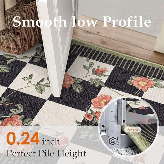 HUGEAR 6x9 Checkered Area Rugs Machine Washable Black and White Living Room Rug Floral Print Non-Slip Stain Resistant Low Pile Indoor Throw Carpet for Bedroom Home Unique Aesthetic Modern Decor