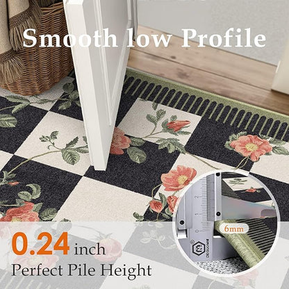 HUGEAR 6x9 Checkered Area Rugs Machine Washable Black and White Living Room Rug Floral Print Non-Slip Stain Resistant Low Pile Indoor Throw Carpet for Bedroom Home Unique Aesthetic Modern Decor