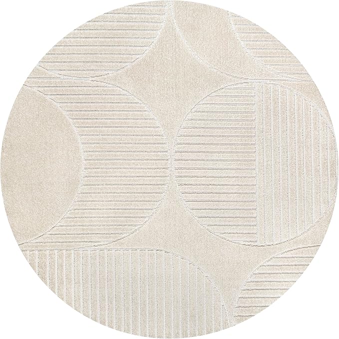 JONATHAN Y Nordby High-Low Arch Striped Ivory/Cream 7' Round Indoor/Outdoor Area Rug, Pet Friendly, Non-Shedding, Stain Resistant, Easy-Cleaning for Backyard, Patio, (SCN104B-7R)