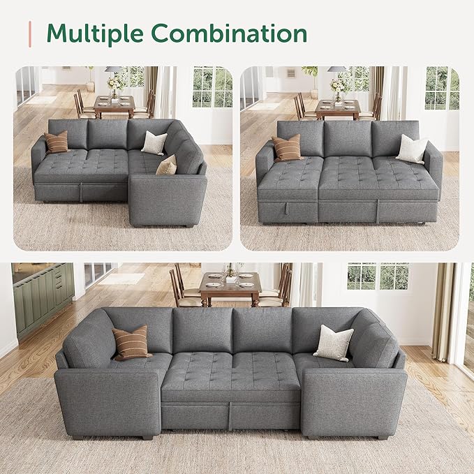 HONBAY Modular Sectional Sleeper Sofa with Pull Out Bed, Corner Seat for Sectional Couch, Grey