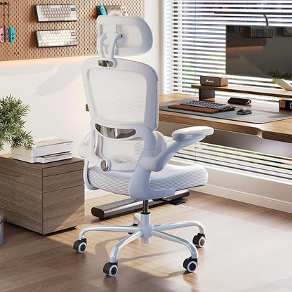 TRALT Ergonomic Office Chair - Desk Chair with Adjustable Headrest Lumbar Support Computer Chair - Mesh Comfy Chair with Flip-up Armrests - Gaming Chairs for Adults Home Office (Leather, White)