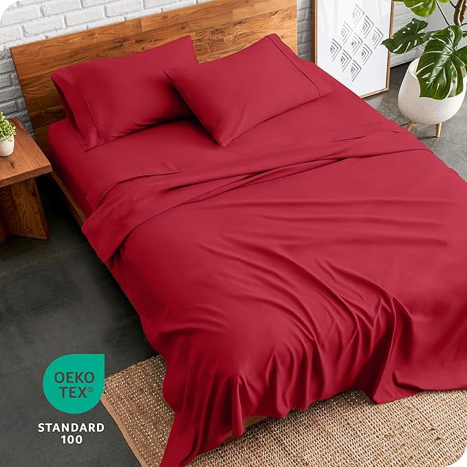 Bare Home Full XL Sheet Set - Luxury 1800 Ultra-Soft Microfiber Full Extra Long Bed Sheets - Double Brushed - Deep Pockets - Easy Fit - 4 Piece Set - Bedding Sheets & Pillowcases (Full XL, Red)