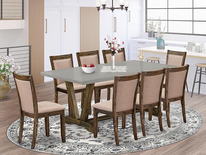 East West Furniture V797MZ716-9 9 Piece Dining Room Table Set Includes a Rectangle Kitchen Table with V-Legs and 8 Dark Khaki Linen Fabric Parson Dining Chairs, 40x72 Inch, Multi-Color