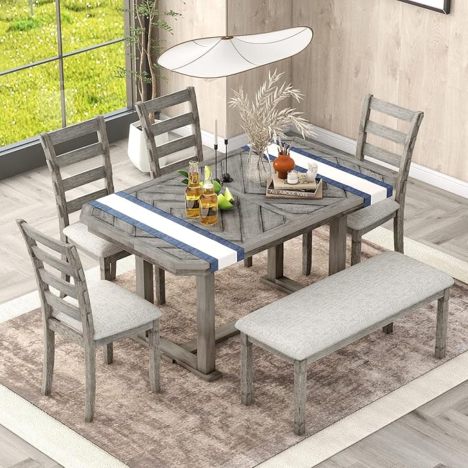Merax 6-Piece Rubber Wood Dining Table Set with 4 Cushioned Chairs and Bench, Beautiful Wooden Grain Pattern Tabletop, Grey