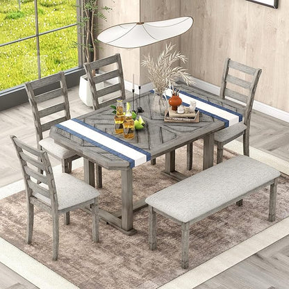 Merax 6-Piece Rubber Wood Dining Table Set with 4 Cushioned Chairs and Bench, Beautiful Wooden Grain Pattern Tabletop, Grey