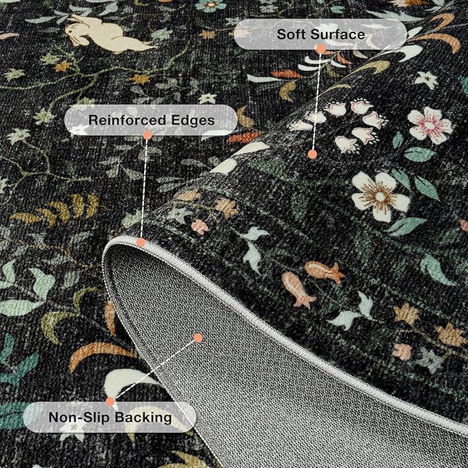 6x9 Area Rugs Washable Rug: Lagre Boho Living Room Rug Soft Non-Slip Thin Carpet Indoor Floor Non-Shedding Neutral Floral Carpets for Bedroom Dining Room Farmhouse Nursery Black