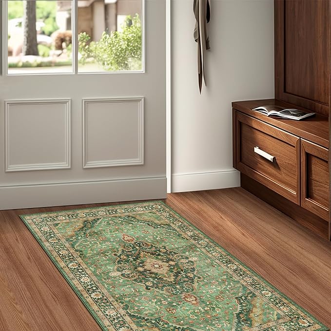 Green Runner Rug 2x4 Rugs Boho Small Washable Runner Rugs for Entryway Bathroom Kitchen, Small Rugs Soft Low Pile Non-Slip Rubber Backing Oriental Door Mat
