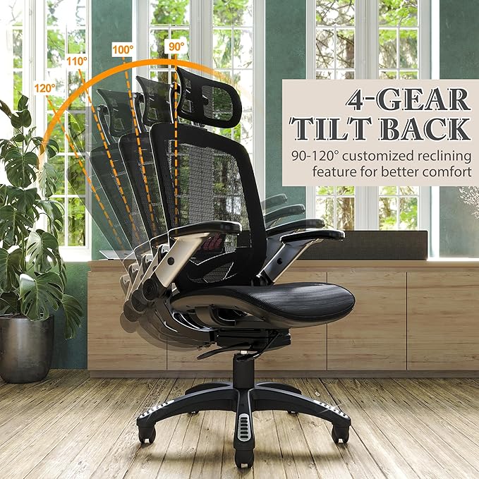 GABRYLLY Ergonomic Office Mesh Chair, High-Back Desk Chair with Sliding Seat, Adjustable Flip-up Armrest & 2D Headrest, 4-Gear Tilt Function, Swivel Computer Gaming Chairs for Man Woman