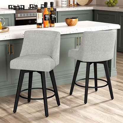 Counter Height Bar Stools Set of 2, Modern Swivel Barstools with Back and Wood Legs, Linen Fabric Upholstered Counter Height Stools, 26" H Kitchen Island Stools, Home Bar, Light Grey