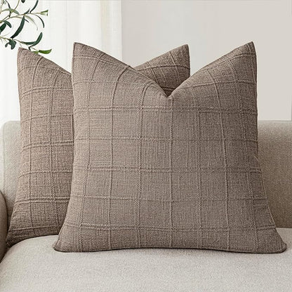 Foindtower Set of 2 Decorative Linen Check Throw Pillow Covers Neutral Farmhouse Vintage Cushion Covers Modern Boho Home Decor for Sofa Chair Couch Bedroom Living Room Outdoor,20×20 Inch,Tan Taupe