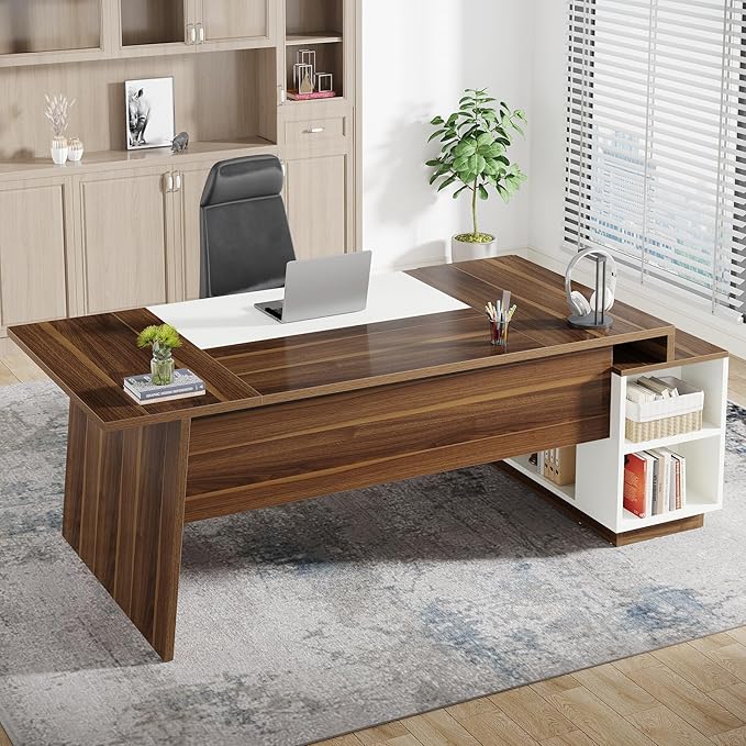 Tribesigns L-Shaped Executive Office Desk, 70.5-Inch Mid-Century Modern Executive Desk with Storage Cabinet and Shelves, Large Computer Desk for Home Office, Brown + White
