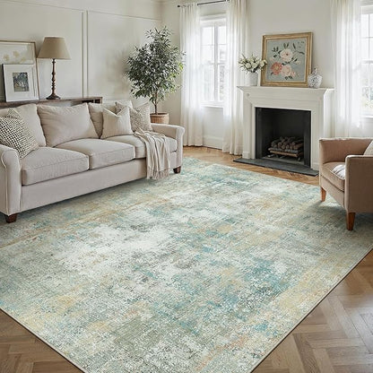 9x12 Area Rug Teal Beige Modern Neutral Abstract Living Room Bedroom Indoor Floor Carpet Low Pile Soft Non-Slip Lightweight Vacuumable Washable Large Throw Rug for Nursery Dining Room