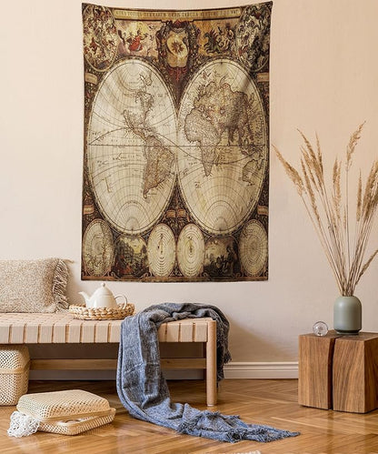 Ambesonne World Map Tapestry King Size, Old World Map Drawn in 1720s Nostalgic Style Art Historical Atlas Vintage Design, Wall Hanging Bedspread Bed Cover Wall Decor, 30" X 45", Multicolor