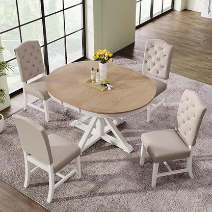 SogesPower 5-Piece Round Farmhouse Retro Dining Table Set for 4, Space-Saving Kitchen Table Set with Extendable Table and 4 Upholstered Chairs for Dining Room Living Room,Oak Natural Wood