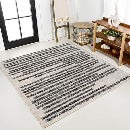 JONATHAN Y Khalil Modern Berber Stripe Cream/Black 4x4 Square Indoor Area Rug, Contemporary, Bohemian, Easy-Cleaning for Living Room, Bedroom, Kitchen, Pet Friendly, Non-Shedding (MOH207A-4SQ)