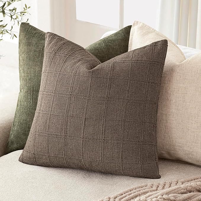 Foindtower Set of 2 Decorative Linen Check Throw Pillow Covers Neutral Farmhouse Vintage Cushion Covers Modern Boho Home Decor for Sofa Chair Couch Bedroom Living Room Outdoor,18×18 Inch,Taupe Grey