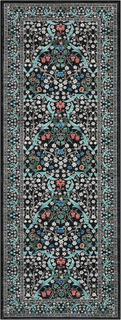 GarveeHome Floral Hallway Runner Rug, 2.5x8 Kitchen Runner Rugs, Washable Non Slip Entryway Rugs Indoor, Ultra-Thin Stain Resistant Carpet Floor Mat for Laundry Room, Black