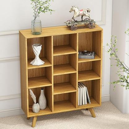 Manora Bookshelf with 10 Open Storage Cubes, Wooden Bookcase Organizer, Rustic Modern Display Shelf for Living Room, Bedroom, Office