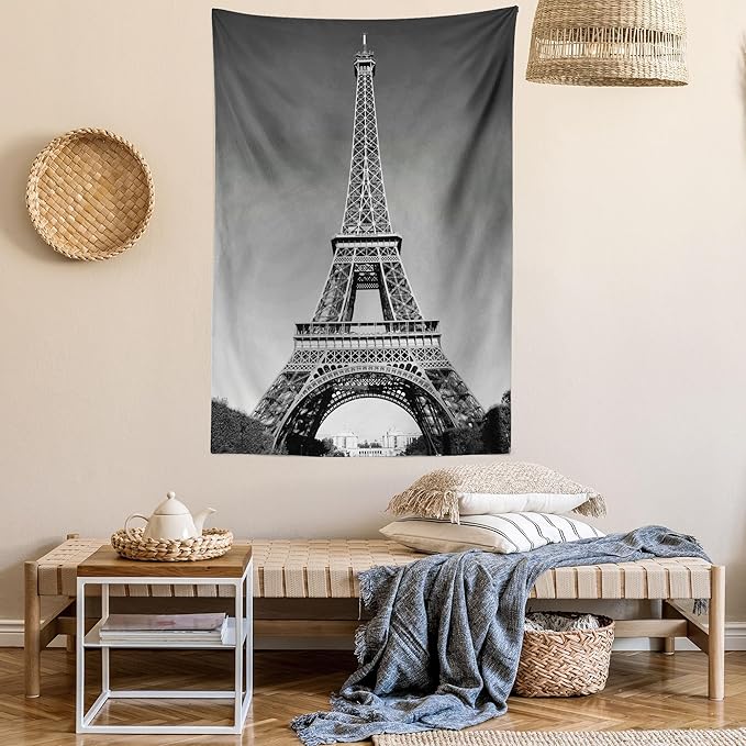 Ambesonne Eiffel Tower Tapestry Twin Size, Paris Landmark Monochrome Picture of Cityscape European Urban Famous Place Image, Wall Hanging Bedspread Bed Cover Wall Decor, 68" X 88", Grey