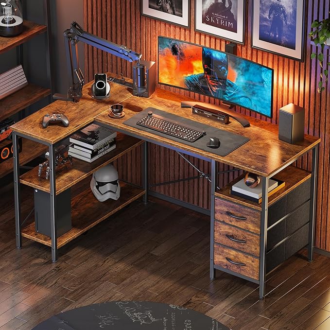 Huuger L Shaped Office Desk with Power Outlets, 47 Inch Computer Desk with 3 Drawers, Shelves, for Gaming, Corner Work, Home Office, Study, Rustic Brown