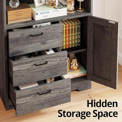 IRONCK Bookshelf with Door and 3 Drawers, 71in Tall Bookcase Shelf with 3-Tier Shelves, for Bedroom Living Room Entrance Hallway Home Office