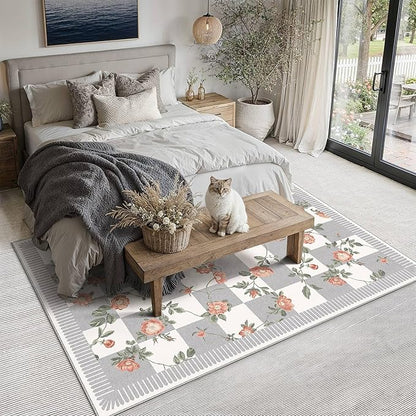 HUGEAR 5x7 Checkered Area Rugs Machine Washable Grey Living Room Rug Floral Print Non-Slip Stain Resistant Low Pile Indoor Throw Carpet for Bedroom Home Unique Aesthetic Modern Decor