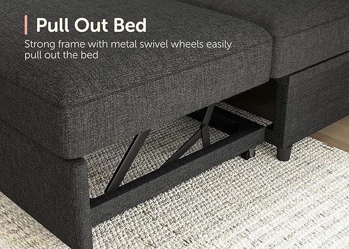 HONBAY Sectional Couch with Pull Out Bed, Sectional Sleeper Sofa with Storage, U Shape Couches for Living Room, Dark Grey