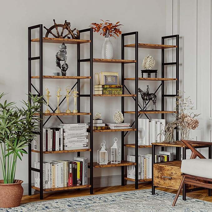 IRONCK Bookcases and Bookshelves Triple Wide 5 Tiers Industrial Bookshelf, Large Etagere Bookshelf Open Display Shelves with Metal Frame for Living Room Bedroom Home Office