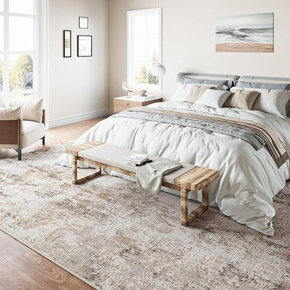 9x12 Washable Area Rug Brown Grey Neutral Abstract Living Room Bedroom Large Throw Rug Non Slip Soft Low Pile Indoor Floor Carpet for Dining Room Kitchen Office Entryway