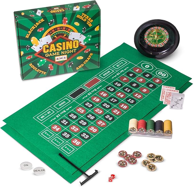 Brybelly Casino Night 4-in-1 Complete Game Set with Felts, Wheel, 100 Chips, Dice & Cards for Blackjack, Craps, Roulette & Texas Hold'em - Green Felt Double Sided Casino Tabletop Gaming Mat