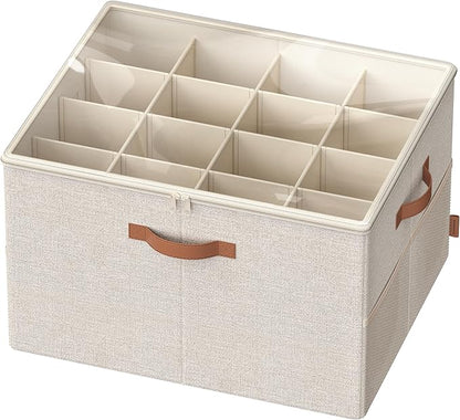 SONGMICS Shoe Organizer for Closet, Shoe Storage Bin, Fits 16 Pairs, Fabric Container with Handles and Clear Cover, Adjustable Dividers, Customizable, Cappuccino Beige ULSP555K01