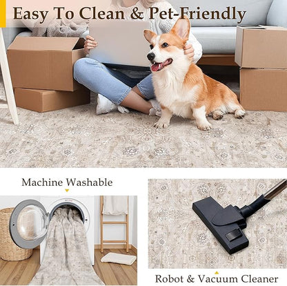 2x3 Area Rug Entryway Beige Washable Vintage Carpet Door Mat Small Indoor Non Slip Soft Low Pile Thin Stain Resistant Distressed Accent Throw Rug for Kitchen Bathroom Entrance Bedroom