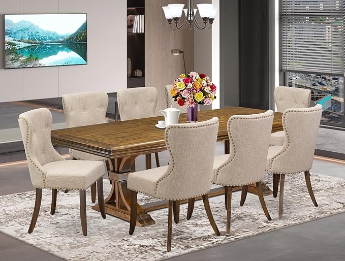 NESI9-AWA-04-9-Piece Dining Table Set Consists of a Modern Kitchen Table and 8 Light Tan Linen Fabric Dining Chairs with Button Tufted Back - Antique Walnut Finish