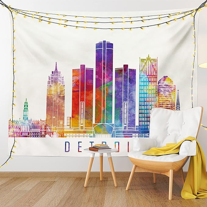 Ambesonne Detroit Tapestry, Vibrant Colored Abstract Skyscrapers Modern Architecture Watercolor Style Landmarks, Fabric Wall Hanging Decor for Bedroom Living Room Dorm, 23" X 28", Ivory