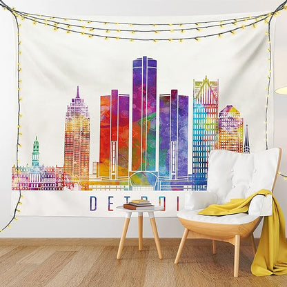 Ambesonne Detroit Tapestry, Vibrant Colored Abstract Skyscrapers Modern Architecture Watercolor Style Landmarks, Fabric Wall Hanging Decor for Bedroom Living Room Dorm, 23" X 28", Ivory