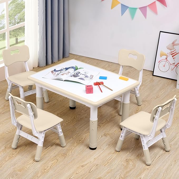 Adjustable Kids Table & Chairs Set for Ages 3-8 | 31.5"x23.6" Easy-Clean Activity Table | Meets ASTM/CPSC Standards for Daycare, Homeschool & Playroom (Natural, 4 Chairs)