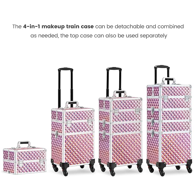 Yaheetech 4 in 1 Professional Makeup Train Case/Rolling Cosmetic Trolley/Makeup Case Organizer/Makeup Travel Case with 4 Detachable Swivel Wheels, Glitter Pink