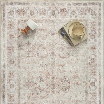 8x10 Area Rug Washable Living Room Vintage Beige Carpet Bedroom Large Indoor Non Slip Soft Low Pile Thin Stain Resistant Distressed Accent Throw Rug for Dining Office Nursery