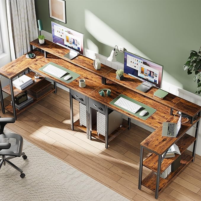 SUPERJARE 47 inch Reversible L Shaped Desk with LED Lights & Power Outlets, Computer Desk with Shelves & Monitor Stand, Gaming Desk with Drawer, Home Office Desk Corner Desk, Rustic Brown