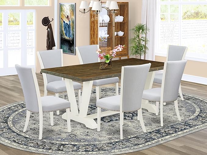 East West Furniture V077VE005-7 7 Piece Dining Room Furniture Set Consist of a Rectangle Dining Table with V-Legs and 6 Grey Linen Fabric Parsons Chairs, 40x72 Inch, Multi-Color