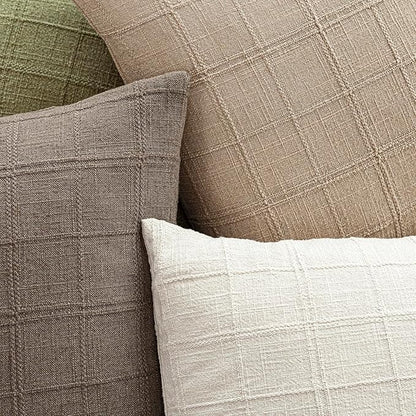 Foindtower Set of 2 Decorative Linen Check Throw Pillow Covers Neutral Farmhouse Vintage Cushion Covers Modern Coastal Boho Home Decor For Sofa Chair Couch Bedroom Living Room Outdoor,22×22 Inch,Camel