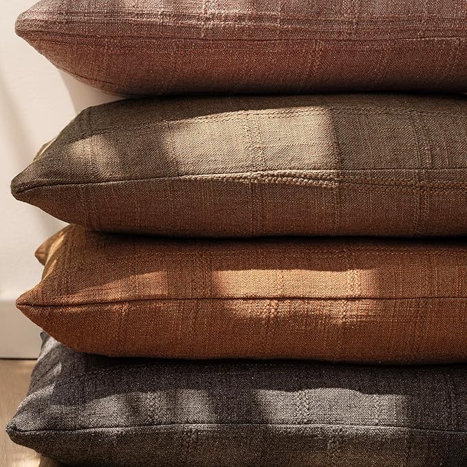 Foindtower Set of 2 Decorative Linen Check Throw Pillow Covers Neutral Farmhouse Vintage Cushion Covers Modern Boho Home Decor for Sofa Chair Couch Bedroom Living Room Outdoor,22×22 Inch,Orange