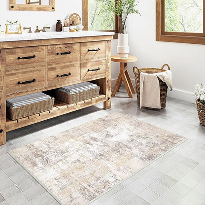 2x3 Washable Area Rug Beige Grey Neutral Abstract Entryway Kitchen Non Slip Low Pile Throw Rug Living Room Bedroom Indoor Doormat Small Soft Carpet for Entrance Bathroom