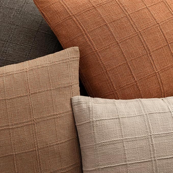 Foindtower Set of 2 Decorative Linen Check Throw Pillow Covers Neutral Farmhouse Vintage Cushion Covers Modern Boho Home Decor for Sofa Chair Couch Bedroom Living Room Outdoor,16×16 Inch,Orange