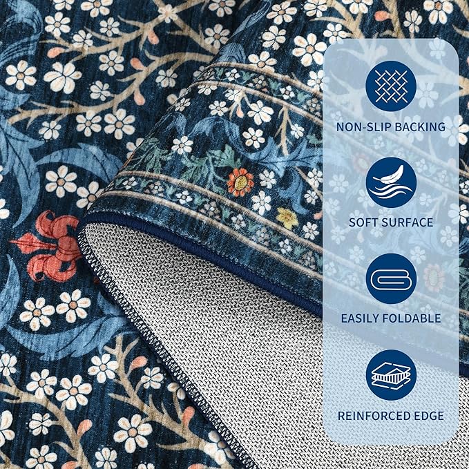 GarveeHome Floral Entryway Rug, 2x3 Washable Front Door Entry Throw Rugs Indoor, Non Slip Bathroom Small Rugs, Boho Thin Rug for Kitchen, Soft Carpet Mat for Bedroom Bathroom, Dark Blue