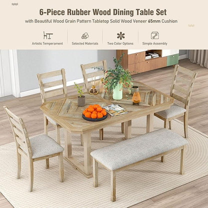 Merax 6-Piece Rubber Wood Dining Table Set with 4 Cushioned Chairs and Bench, Beautiful Wooden Grain Pattern Tabletop, Natural Wood Wash