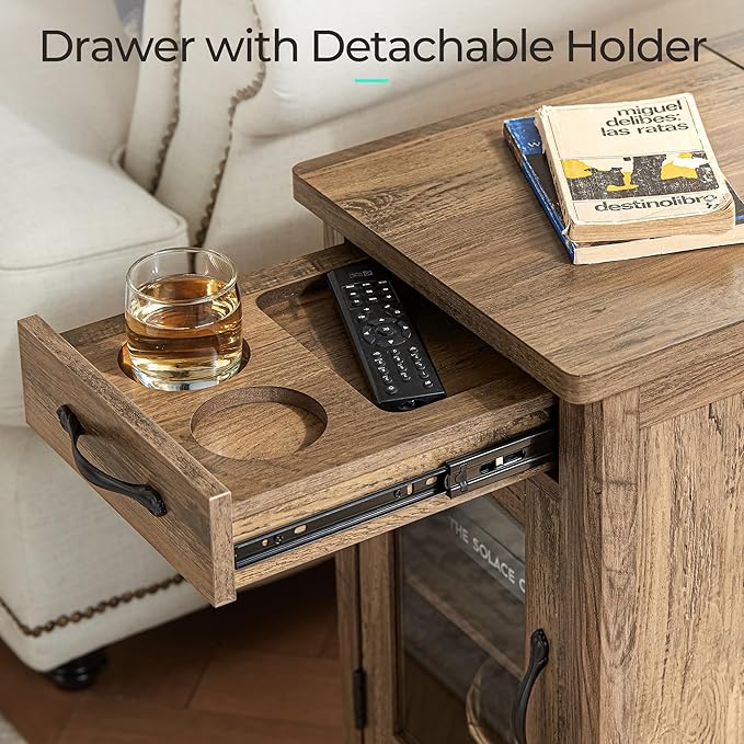 LINSY HOME Farmhouse End Table with Charging Station, Narrow Side Table for Living Room, Sofa Side Table with Drawer and Storage Cabinet, Small Nightstand for Home Office