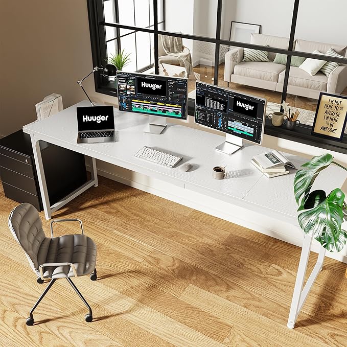 Huuger Computer Desk, 80 Inch Office Desk, Gaming Desk with Storage, Writing Desk Work Desk for Home Office, Study, Long Simple Desk, Large Legroom, Metal Frame, White